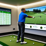 A professional adult golf coach and an adult golf student, both fully clothed in modest and appropriate golf attire, stand side-by-side in a modern indoor golf simulator bay. They are focused on a large, high-resolution digital screen displaying detailed golf swing data such as ball speed, club path, and launch angle from a launch monitor. The coach points to the data on the screen, explaining technical insights to the attentive student. The background features golf clubs, golf balls, and sleek simulation equipment. Professional photography, high detail, realistic, perfect anatomy, correct proportions, natural pose, well-formed hands, proper finger count, natural body proportions, safe for work, appropriate content, professional, modest, family-friendly.