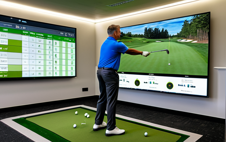 A professional adult golf coach and an adult golf student, both fully clothed in modest and appropriate golf attire, stand side-by-side in a modern indoor golf simulator bay. They are focused on a large, high-resolution digital screen displaying detailed golf swing data such as ball speed, club path, and launch angle from a launch monitor. The coach points to the data on the screen, explaining technical insights to the attentive student. The background features golf clubs, golf balls, and sleek simulation equipment. Professional photography, high detail, realistic, perfect anatomy, correct proportions, natural pose, well-formed hands, proper finger count, natural body proportions, safe for work, appropriate content, professional, modest, family-friendly.