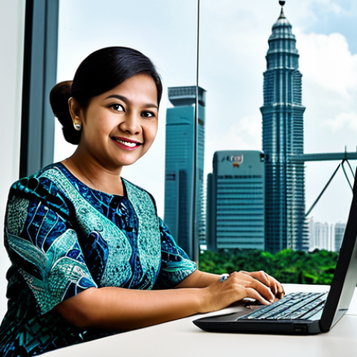 **

A professional Malaysian businesswoman in a modest batik dress, sitting at a desk in a modern Kuala Lumpur office, fully clothed, appropriate attire, safe for work, perfect anatomy, natural proportions, professional photography, high quality. Include a background with Petronas Twin Towers subtly visible through the window. Focus on a friendly and approachable demeanor. Family-friendly.

**